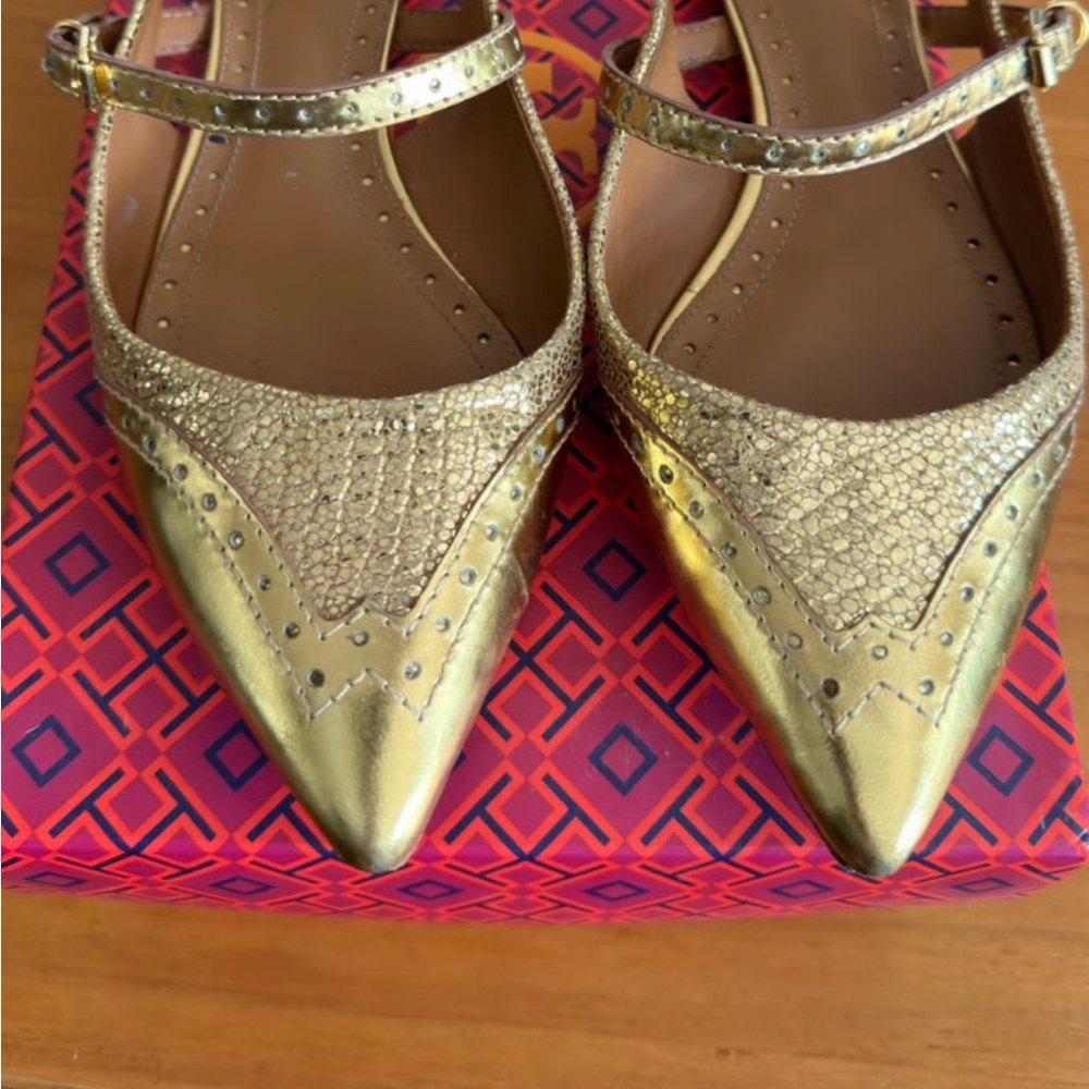 Tory Burch Gold Glitter Flats with Strap - Picture 3 of 10